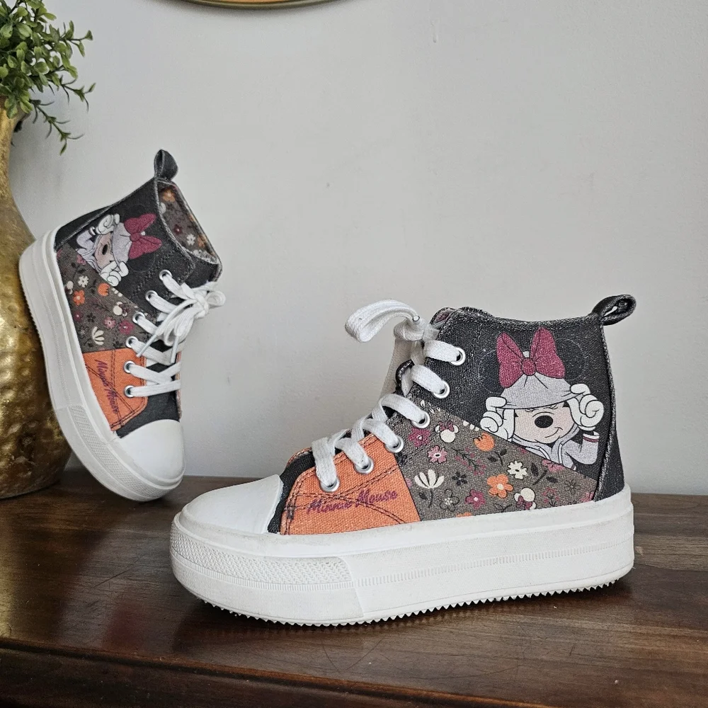 🎀 Disney Minnie Mouse Floral High-Top Sneakers | Kids Size 2 | Canvas Patchwork